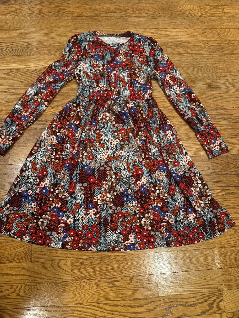 Girls Long Sleeve Floral Fit-and-Flare Dress - Red Multi